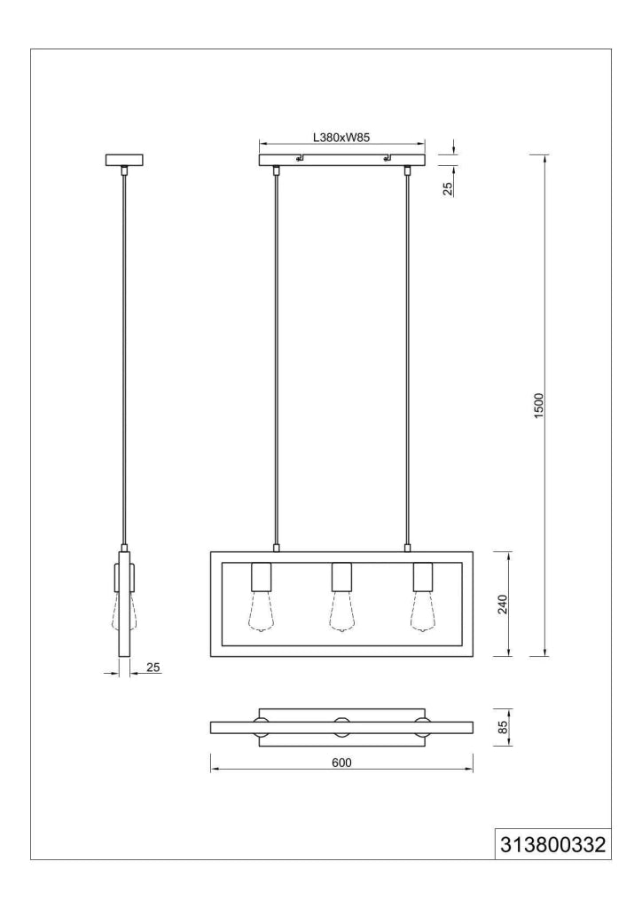 Lampada a sospensione 3 luci, legno e metallo, 60x150x8 cm, Agra
