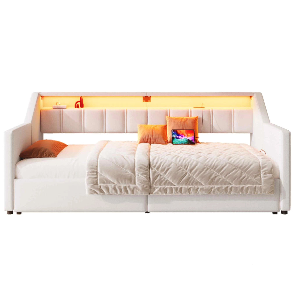 Daybed 90 x 200 cm con USB, Type-C, LED e 2 cassetti, beige