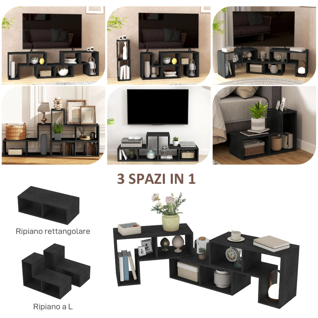 Mobile TV Modulabile 75" Max 134-180x30,5x44 cm con 2 Ripiani a L e Mensola Rettangolare in Legno Nero