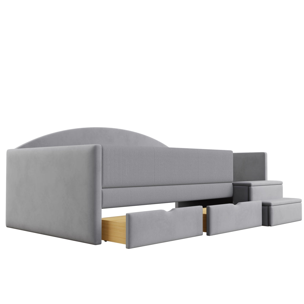 LETTO imbottito 90x190 cm in velluto grigio acqua con cassetti e scale