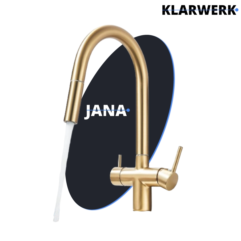 Jana | Rubinetto estensibile a 3 vie premium oro opaco | Rubinetto osmosi da cucina in acciaio inox |. Filtro 3 connessioni ad arco alto
