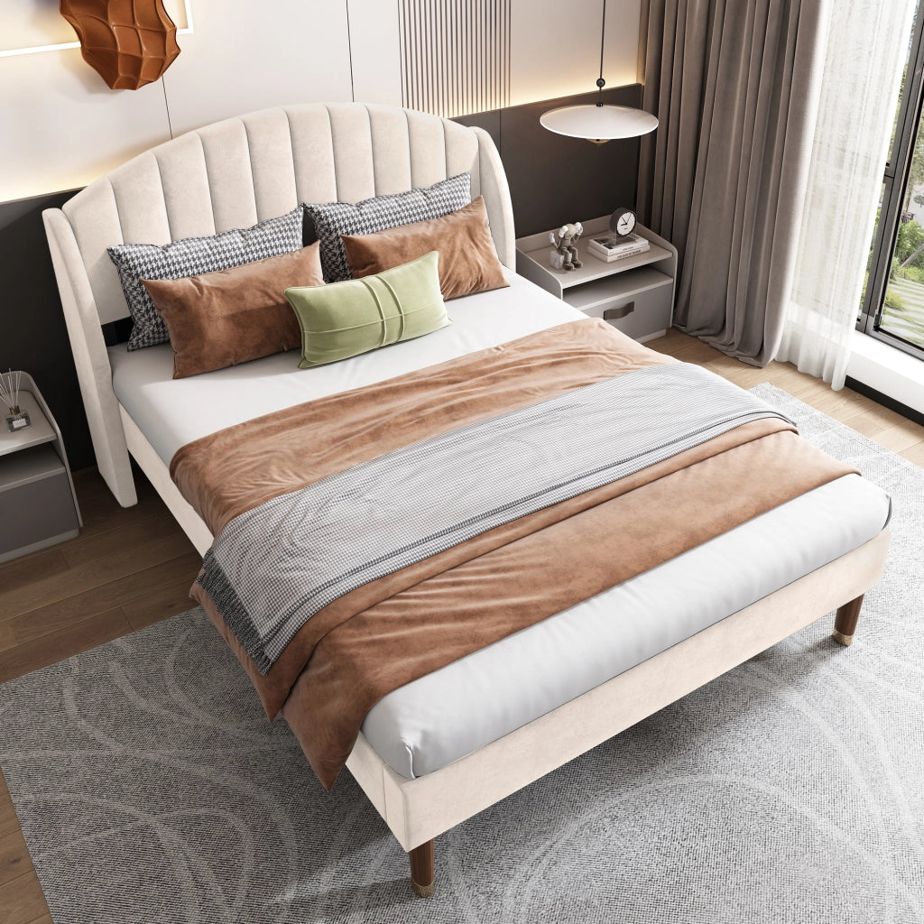LETTO Imbottito 140x190 cm in Velluto Beige con testiera e rete a doghe