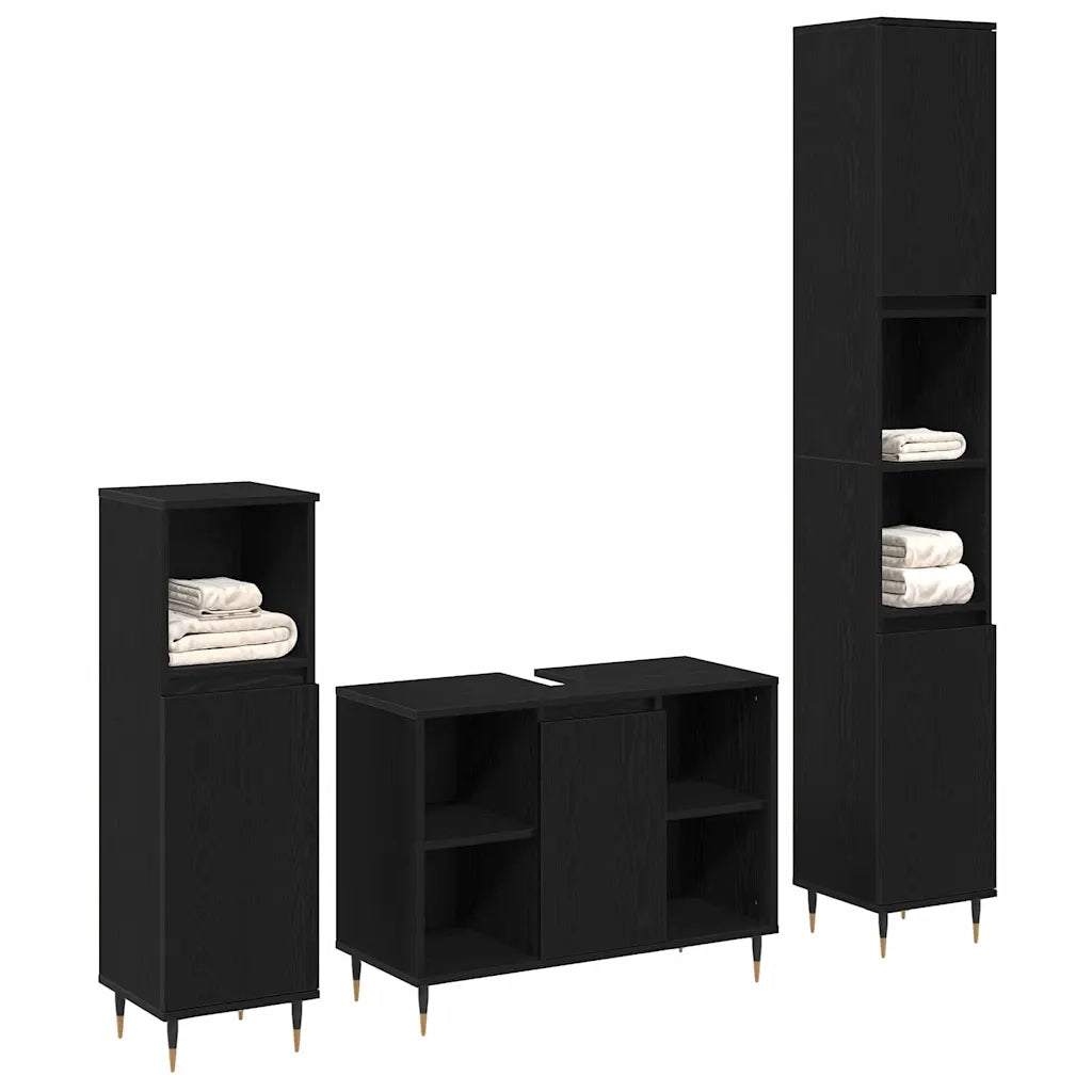 Set di mobili per il bagno 3 pcs Rovere Nero Legno multistrato