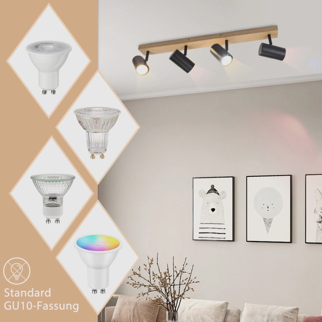 ZMH Lampada da soffitto in legno a 4 luci Lampada da soffitto nera per corridoio camera da letto
