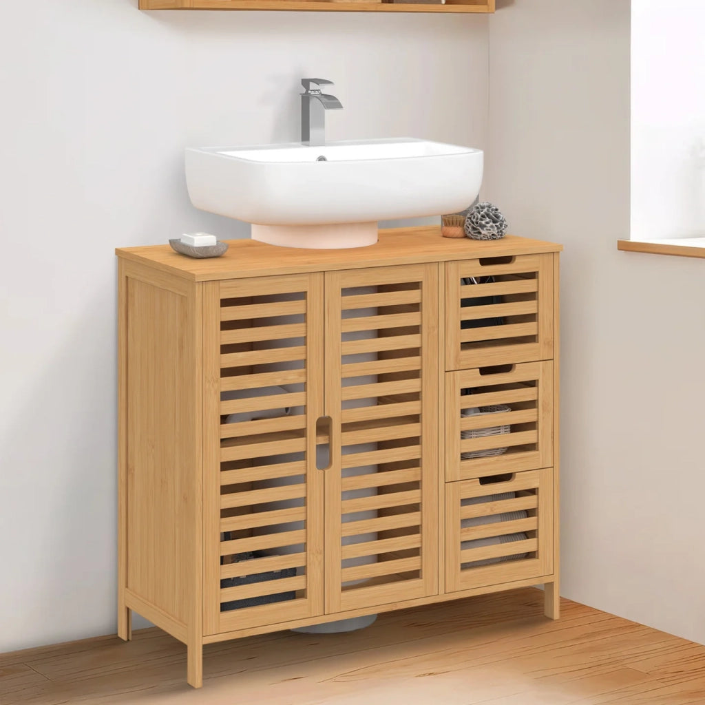 IDMarket - Mobiletto da bagno in bambù BEA con armadio e 3 cassetti