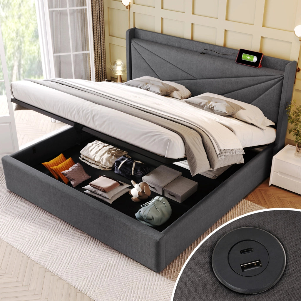 LETTO Contenitore 140x200 cm Grigio Cotone-Lino con USB Type-C