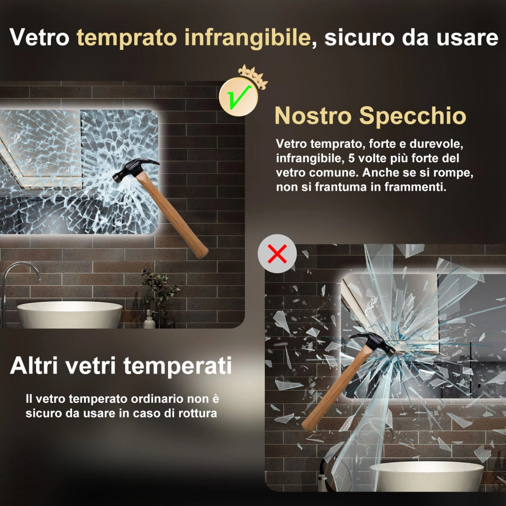 specchio 90 x 60 cm rettangolare con luce led e touch