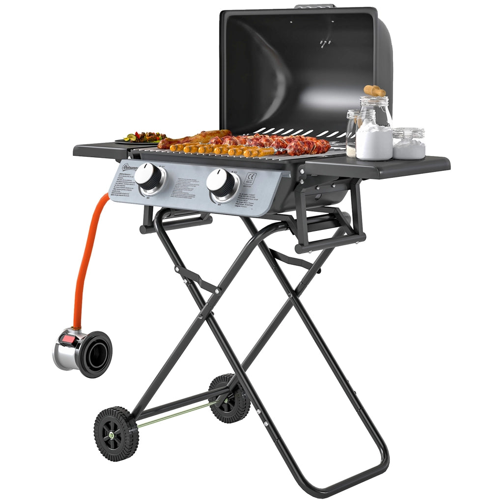 Barbecue a Gas Portatile con 2 Bruciatori e 2 Tavolini, Coperchio con Termometro e Ruote, Nero