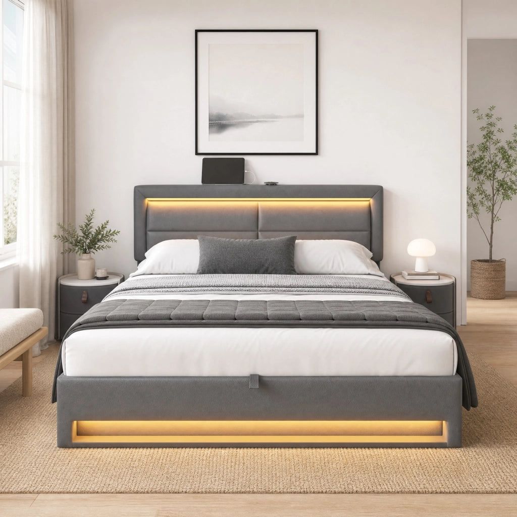 LETTO imbottito multifunzionale 140x190 cm PU grigio con USB, LED e contenitore