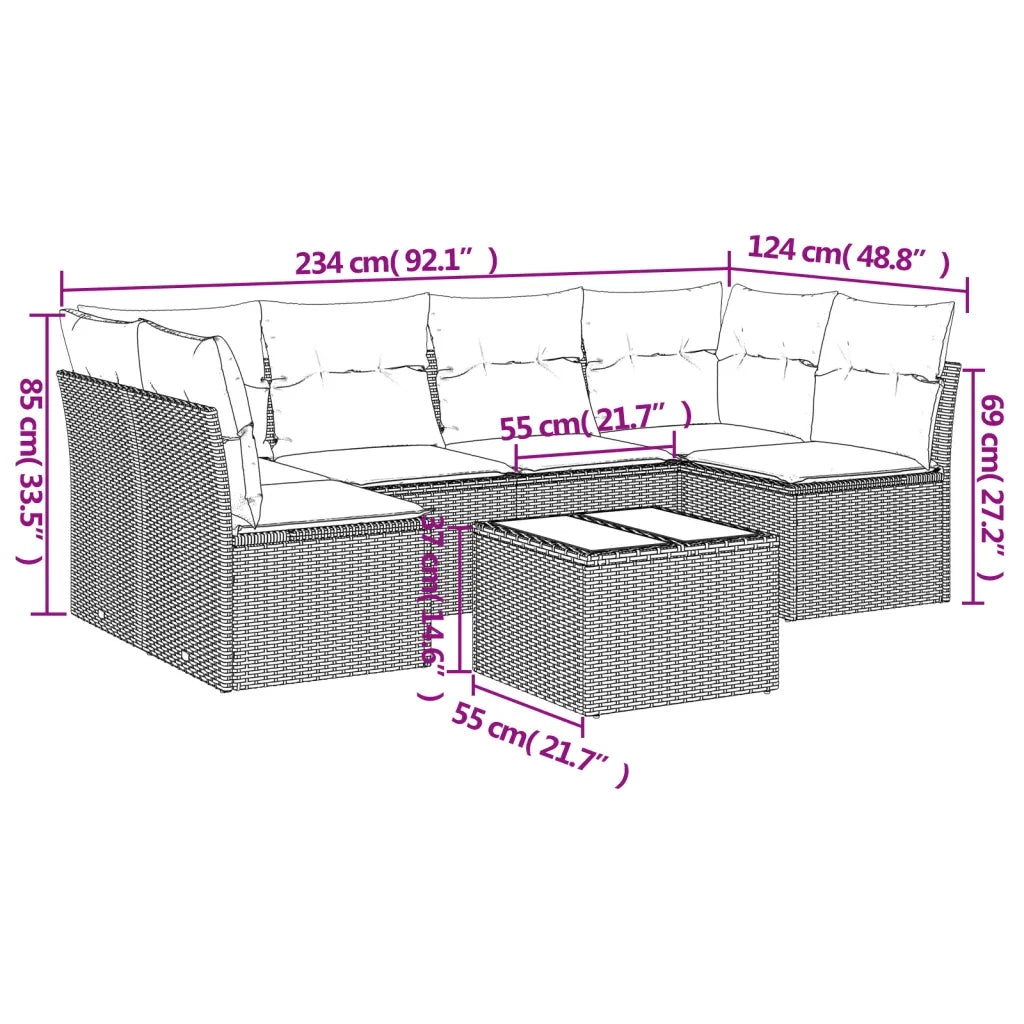Set Divani da Giardino 7 pz con Cuscini Beige in Polyrattan