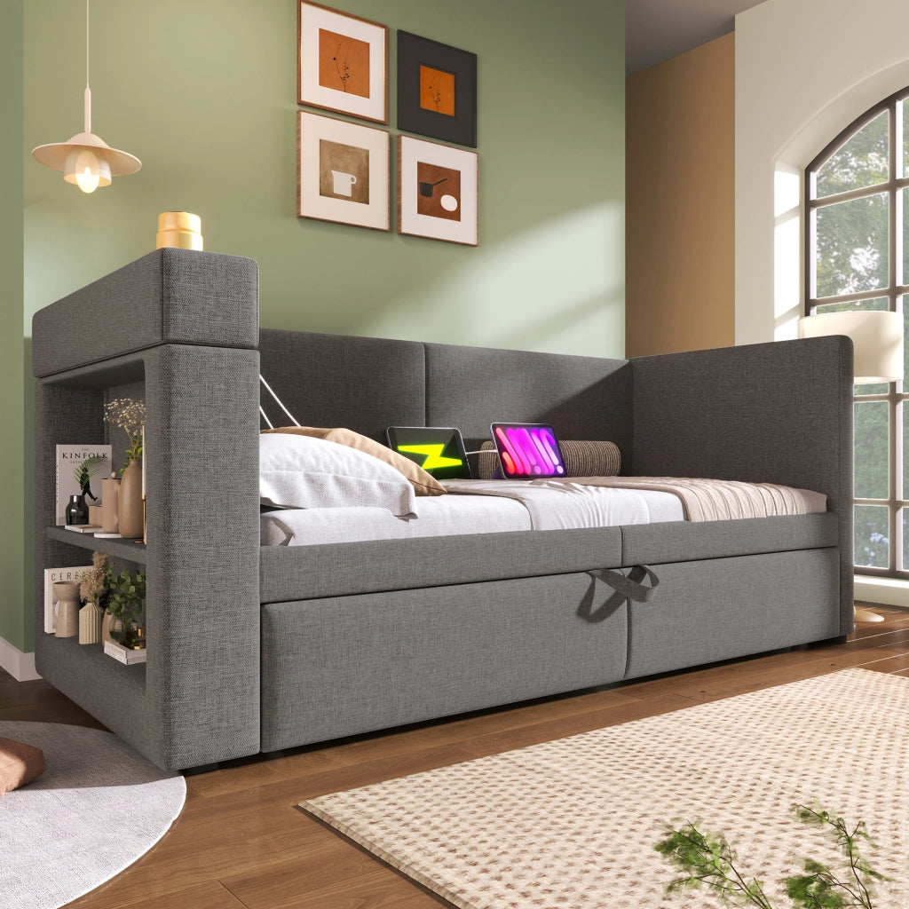 LETTO Daybed imbottito estraibile 90x200 cm Grigio con USB e Type-C senza materasso