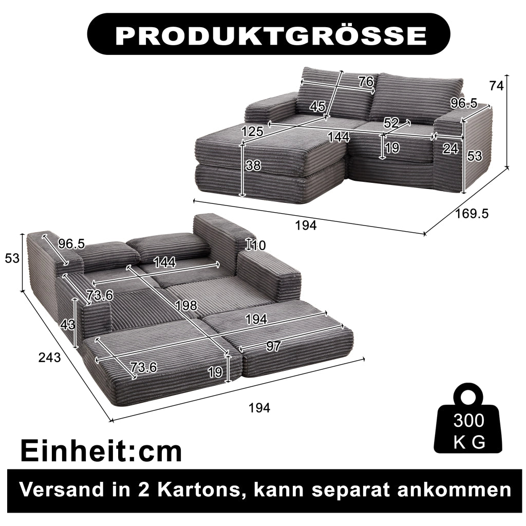 Divano Letto Modulare 2 in 1 con Pouf ¨C MINIMAL ¨C Velluto a Coste, Cuscini Inclusi
