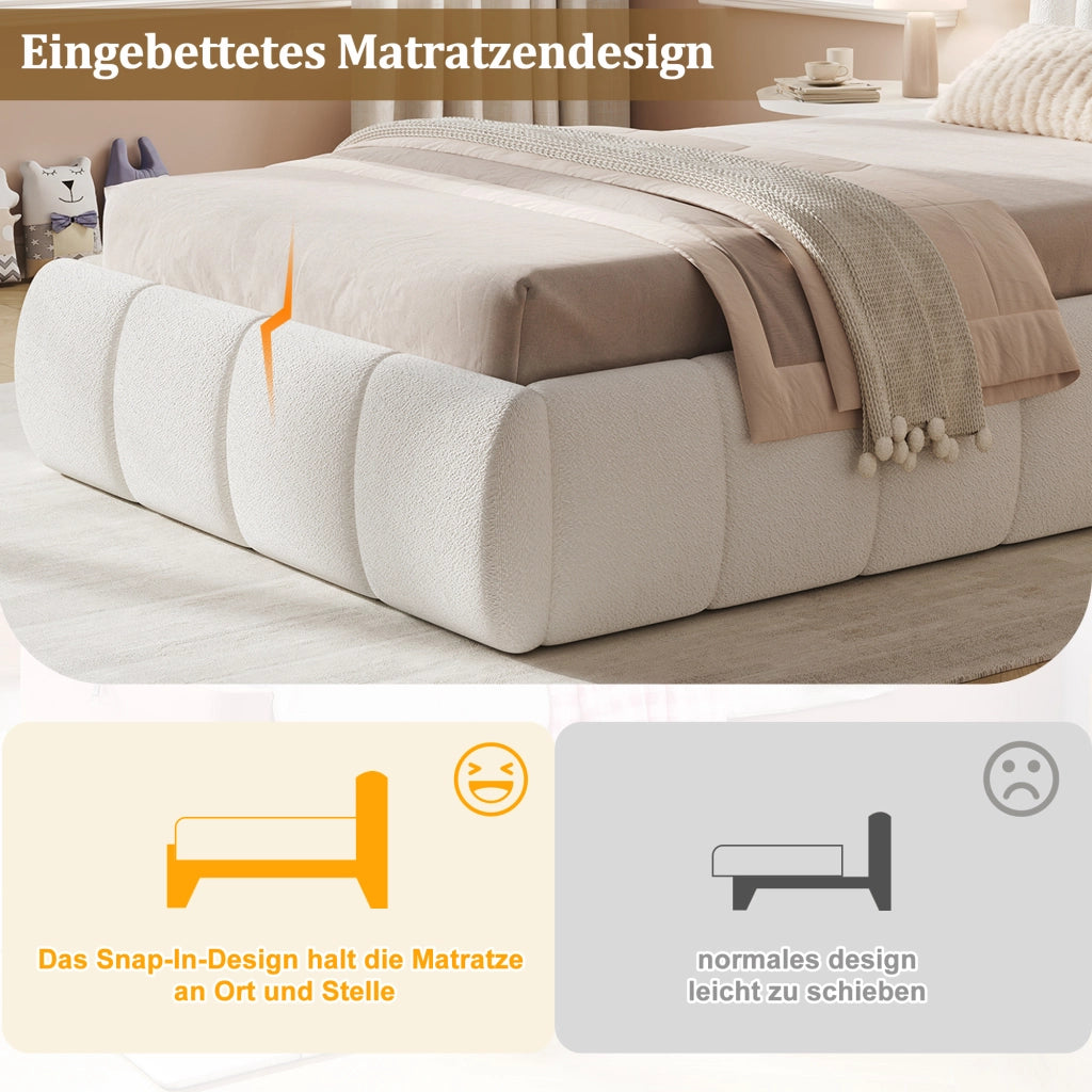 LETTO Contenitore 90x200 cm Bouclé Beige con rete a doghe