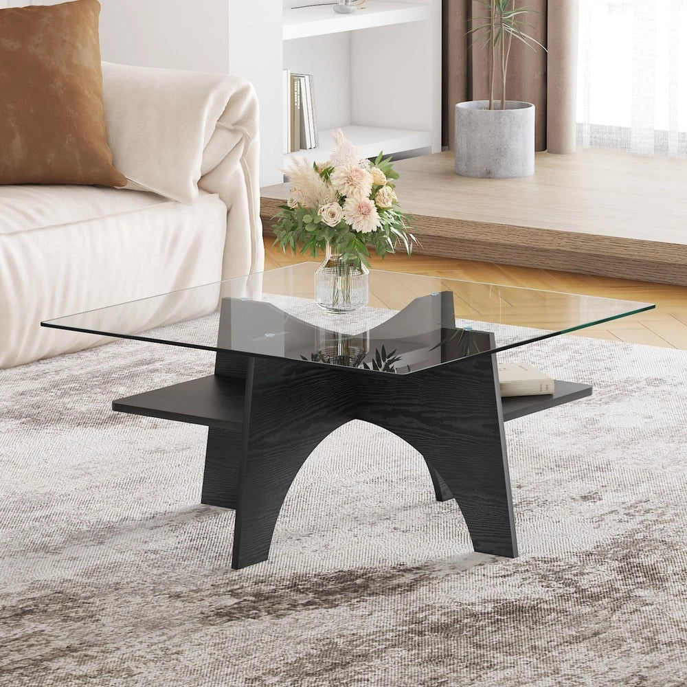 Tavolino da Caff¨¨ Quadrato ¨C MINIMAL ¨C Vetro Temperato e MDF Nero 80x80