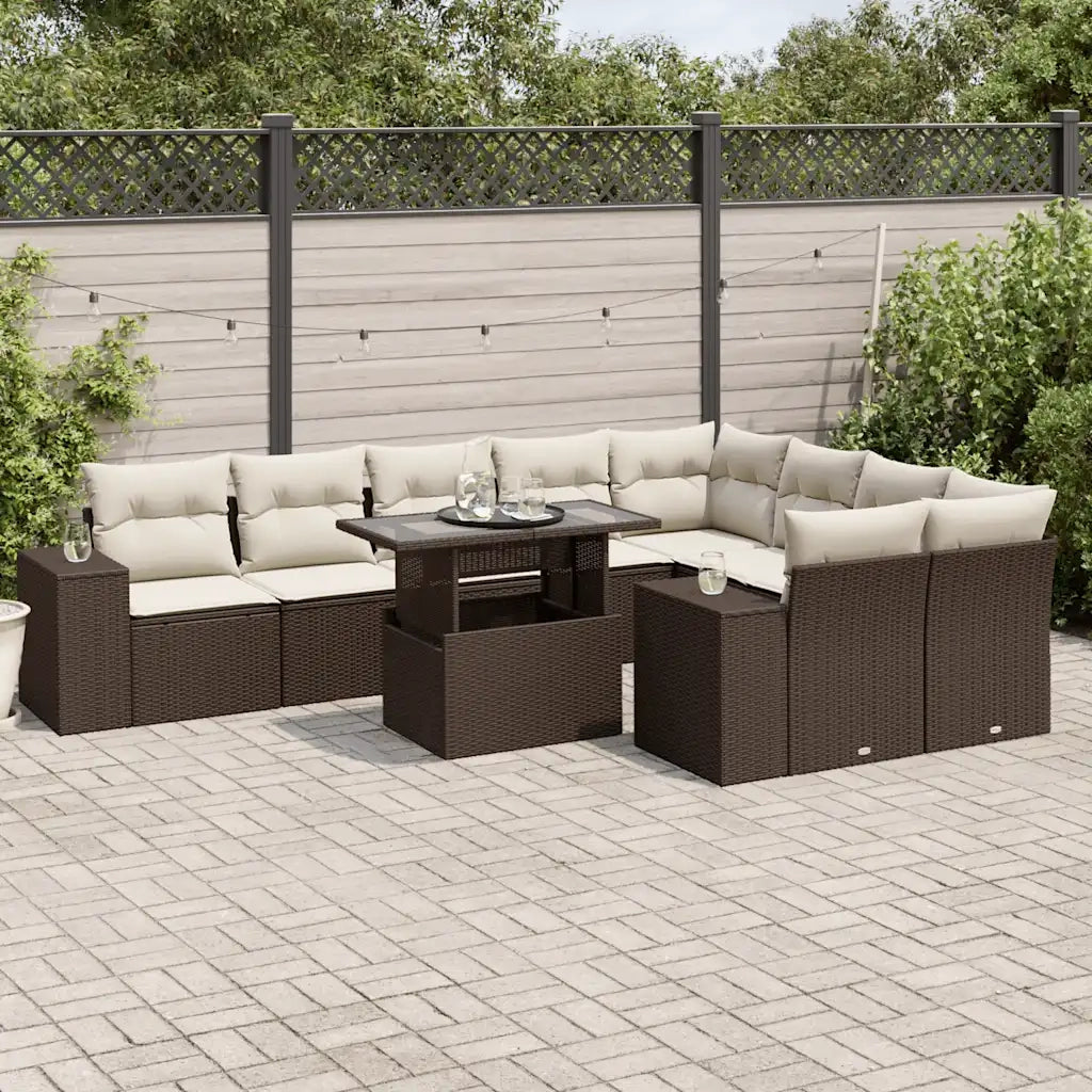 Set Divani da Giardino 10pz con Cuscini in Polyrattan Marrone 3269393