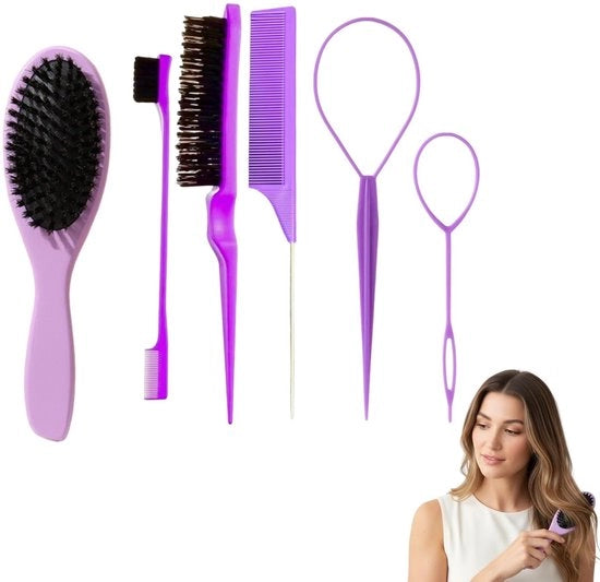 Set di spazzole per capelli 6 pezzi - Spazzola antiluce - Spazzola con pelo di maiale - Spazzola a bordo - Strumento di aiuto per la pettinatura - Materiale ABS - Set di spazzole per capelli