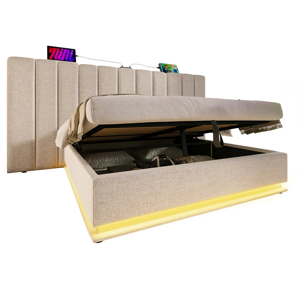 Letto matrimoniale con cassetti - Xylo - 160x200 cm - Lino Beige - Controllo App LED, USB-C