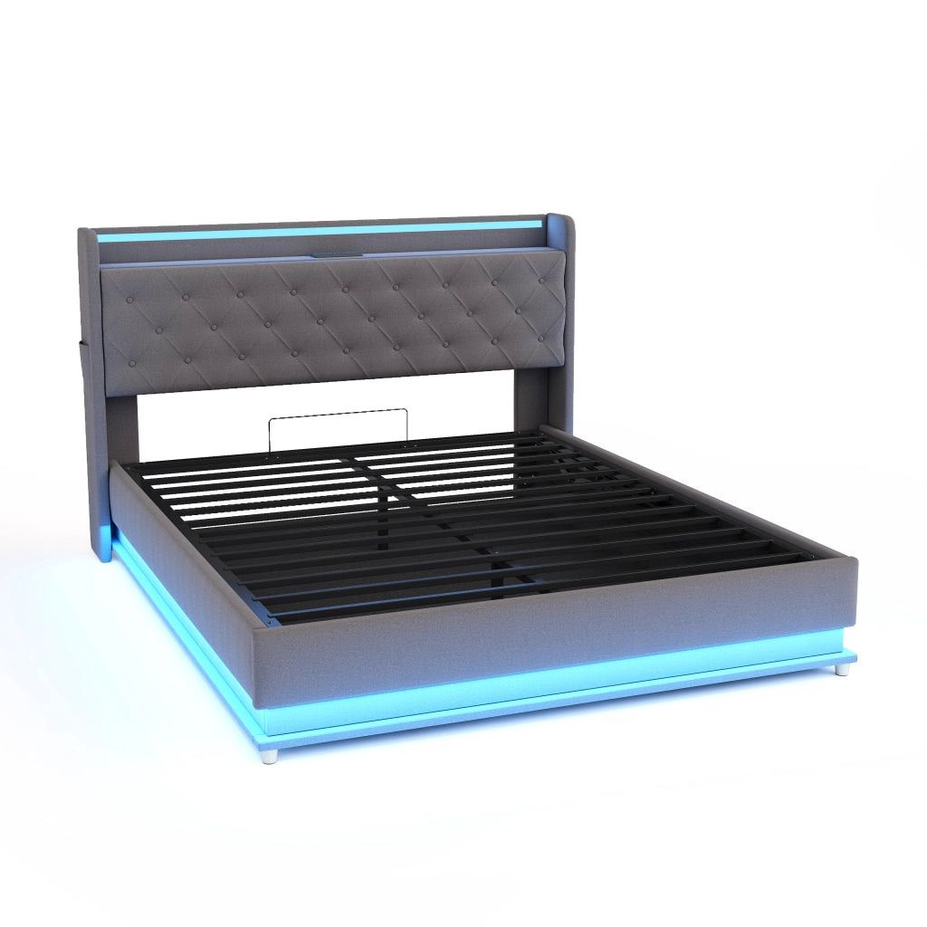 Letto imbottito LED 140x200 cm con USB e contenitore idraulico in tessuto grigio