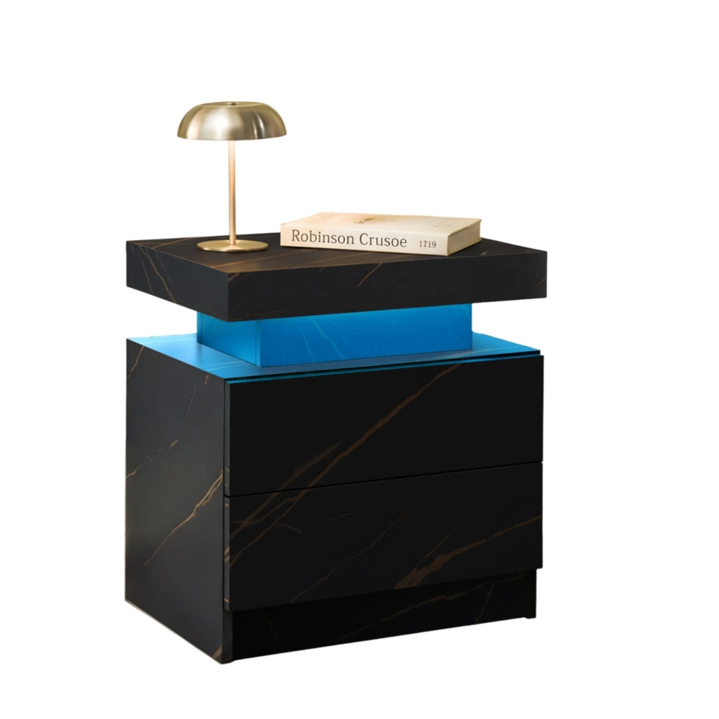 COMODINO LED Set da 2 pezzi Nero/Oro con 2 cassetti