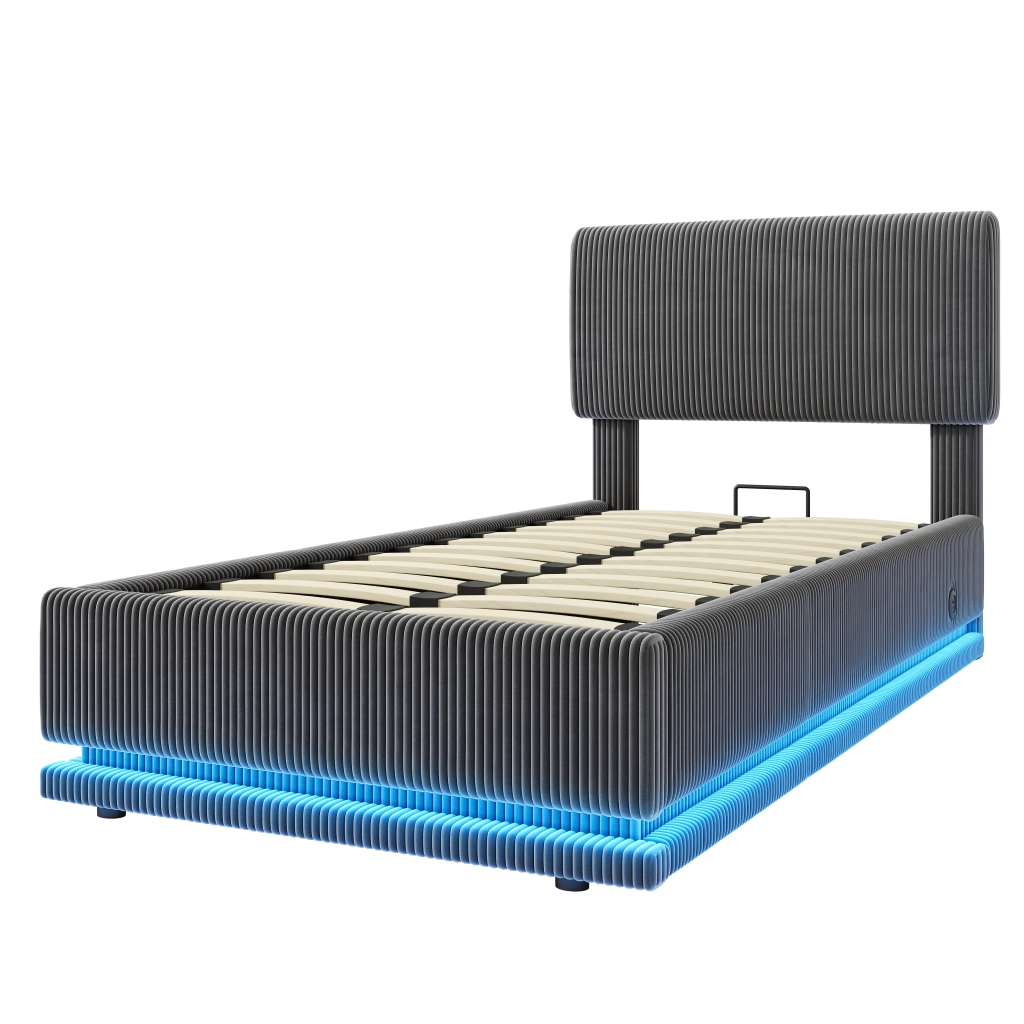 Letto imbottito 90x200 cm in tessuto corduroy con testiera regolabile, LED, USB-C e contenitore