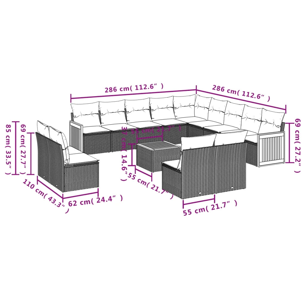 Set Divani da Giardino 14pz con Cuscini in Polyrattan Nero 3228170