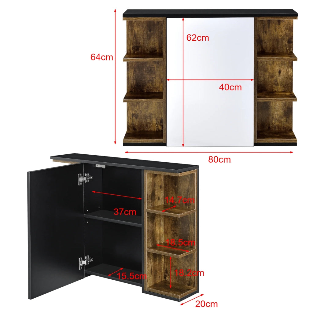 Anta pensile bagno con specchio 64 x 80 x 20 cm effetto legno scuro nero 03_0007671