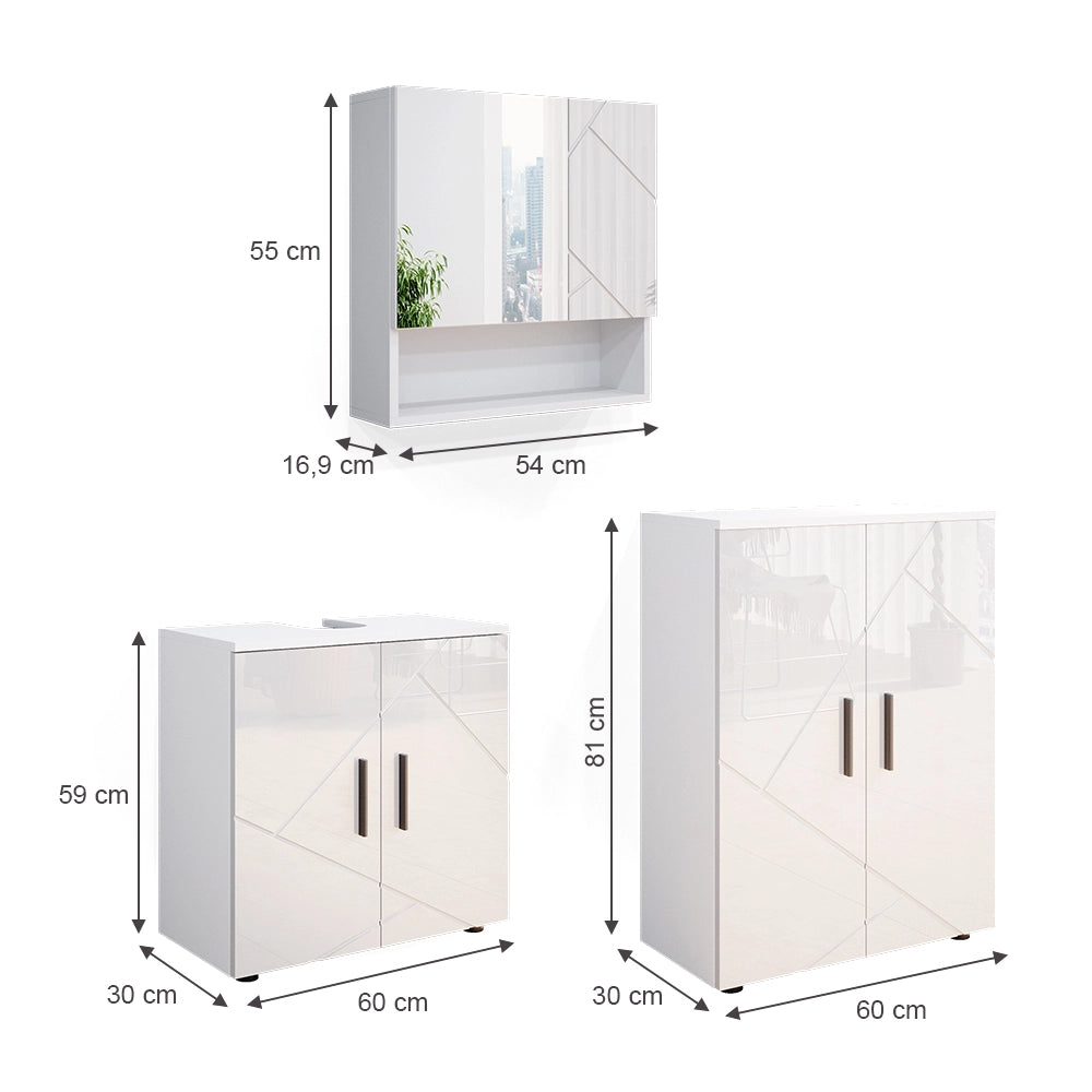 Vicco Set mobili bagno Bianco lucido 3 pezzi, con base 60 cm