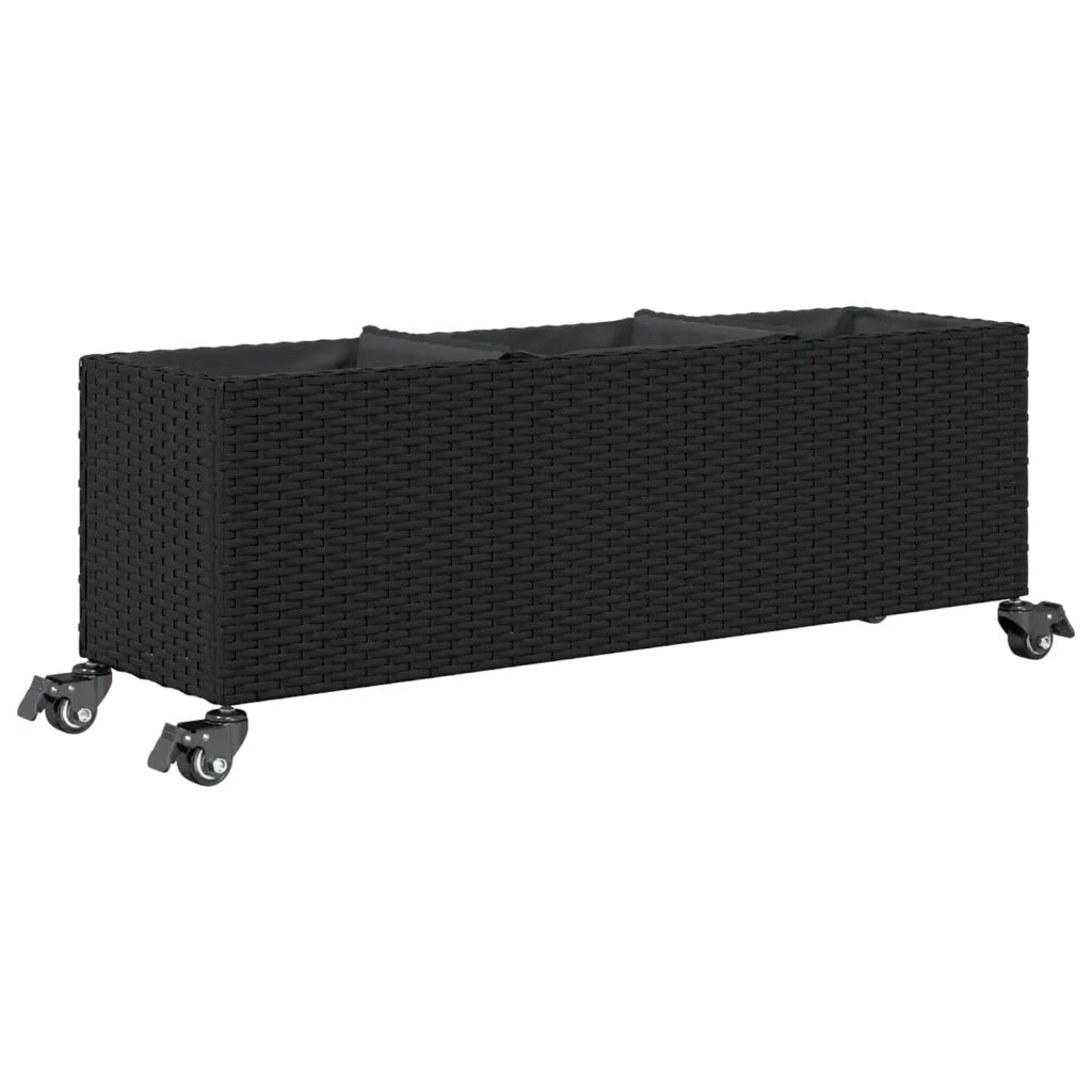 Fioriera con Ruote e 3 Vasi Nera 107x32x38 cm in Polyrattan 366419