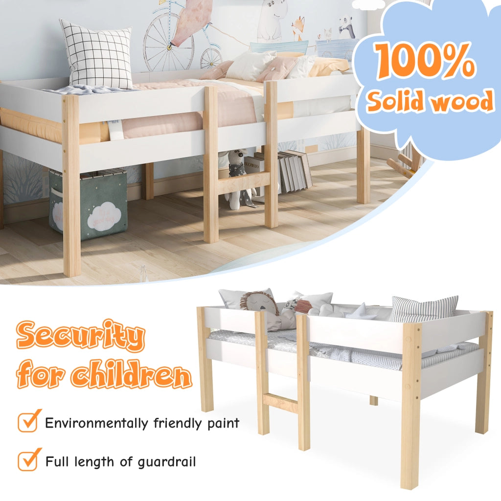 Letto singolo per bambini 90x190 cm con sponda anticaduta; struttura in pino massello; bianco e rovere