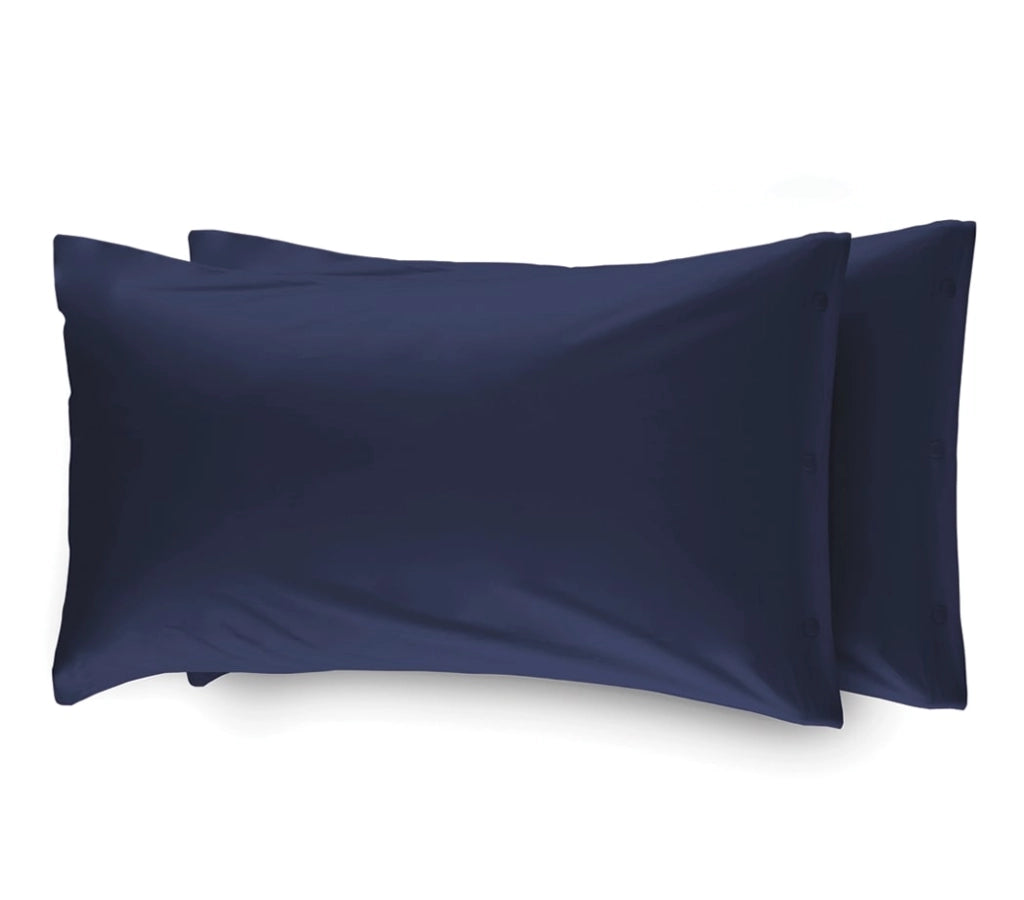 Coppia 2 Federe Cuscino Letto 100% Cotone Tinta Unita Sfoderabile Bottoni Laterali - Federe - Blu notte