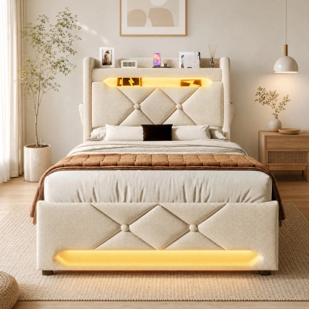 LETTO singolo 90x200 cm con LED 360°, testiera con USB e Type-C, lino beige