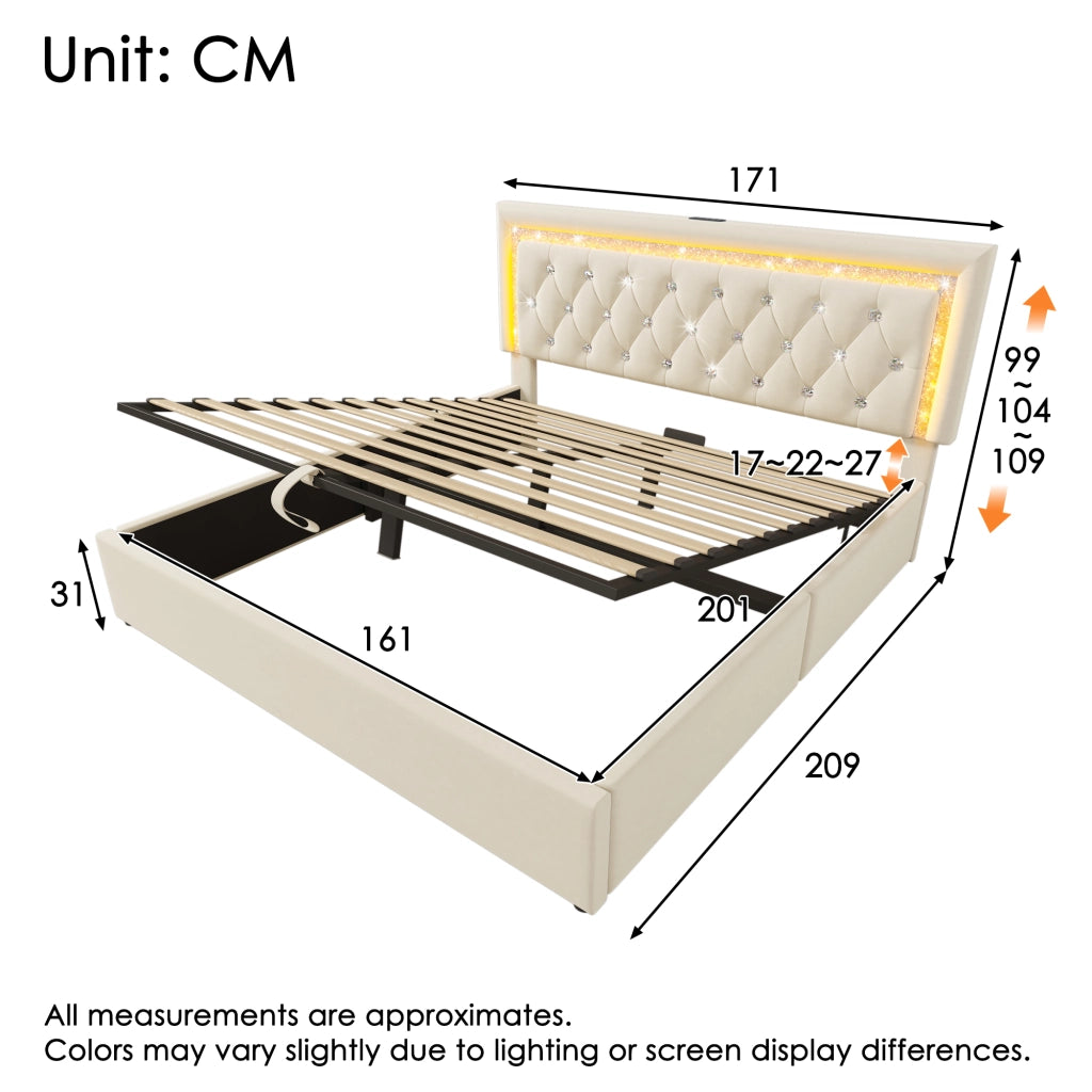 LETTO contenitore 160x200 cm in velluto beige con LED, USB e USB-C