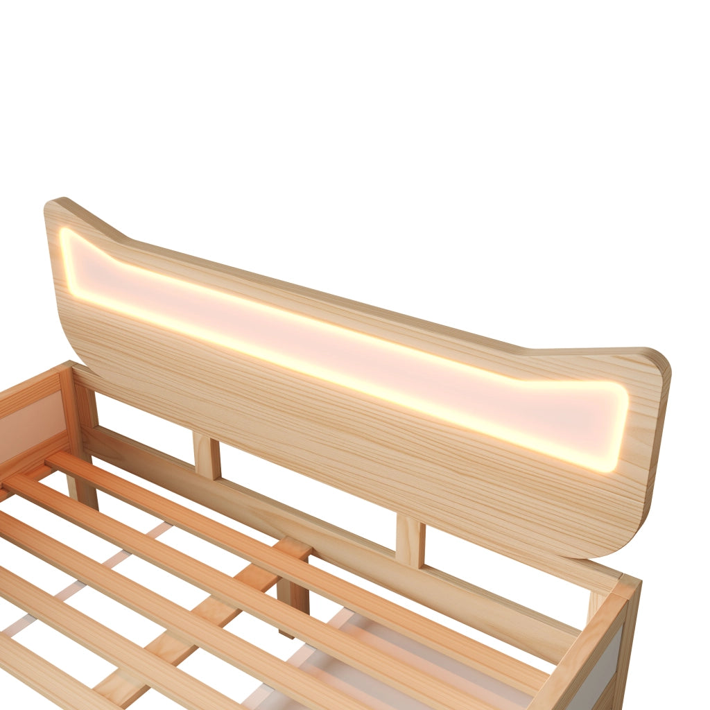 Letto per bambini con orecchie da gatto - Zephmum- 140¡Á200 cm - LED RGB - Bianco e quercia