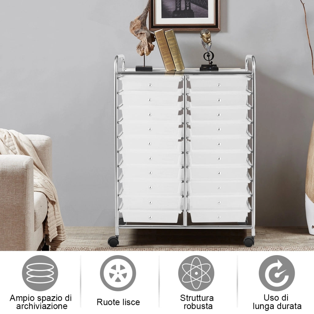 Carrello cassettiera multiuso e leggero con 20 cassetti, Contenitore con ruote per ufficio e casa Trasparente