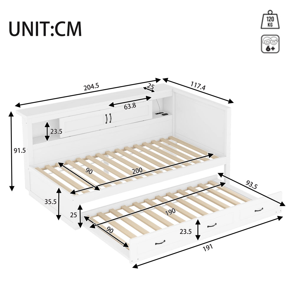LETTO Divano letto estraibile 90x200 cm Bianco con LED, prese e USB