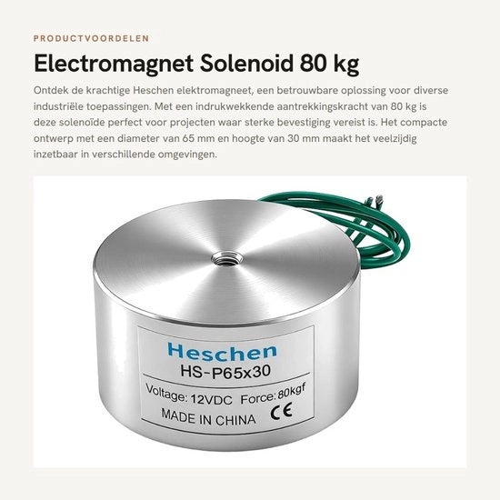 Elettromagnete a solenoide - 80 kg di forza di attrazione - Diametro 65 mm - Tensione DC 12V 13W - Per applicazioni industriali - Alta qualità
