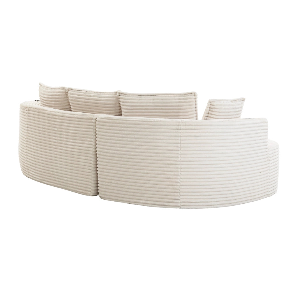Divano ad arco 250x152x82 cm in tessuto corduroy beige con portabicchieri e tasche laterali