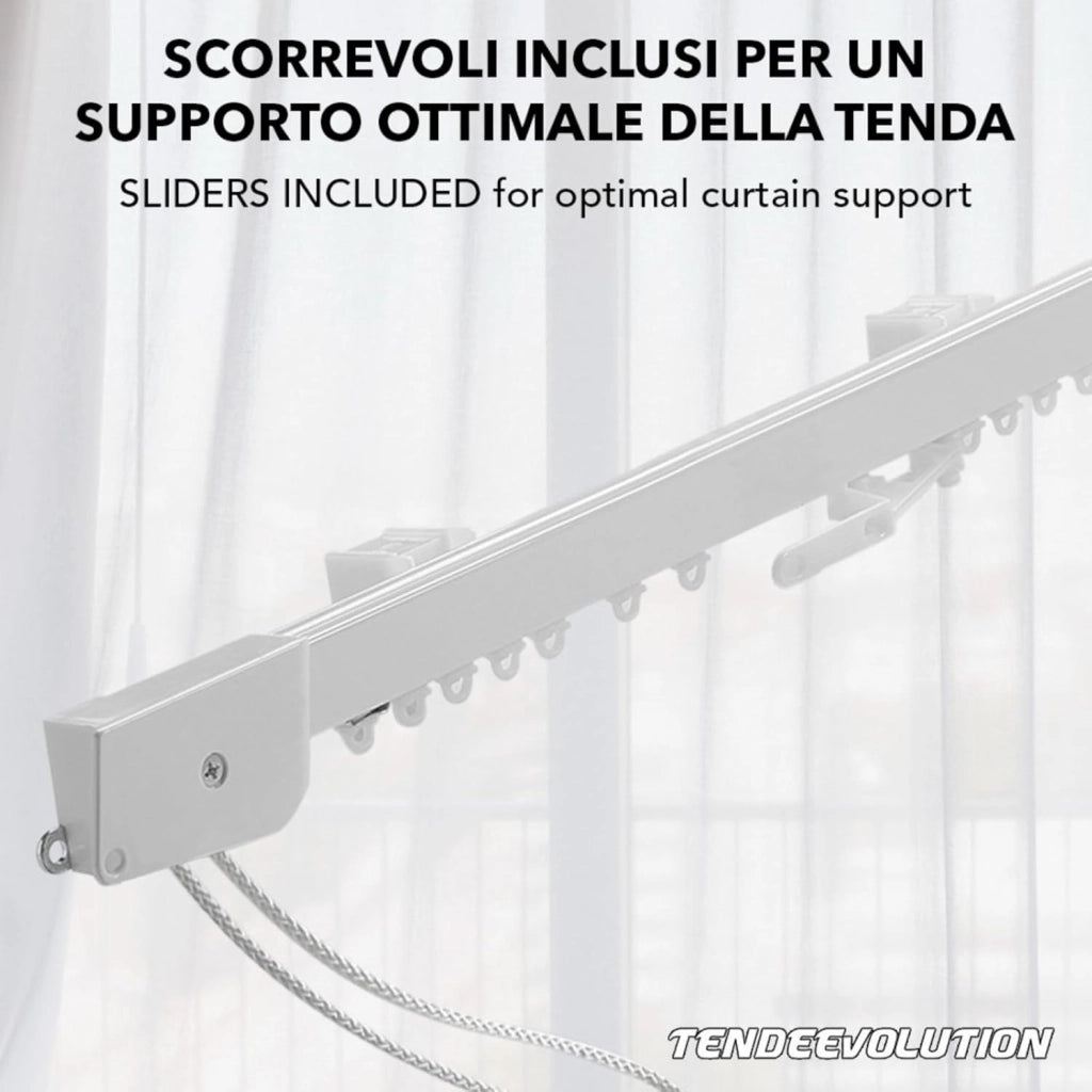 Binario Scorritenda Lineare da Parete in Alluminio Bianco con Movimento a Corda Apertura Centrale - Riloga Bastone per Tenda 280cm