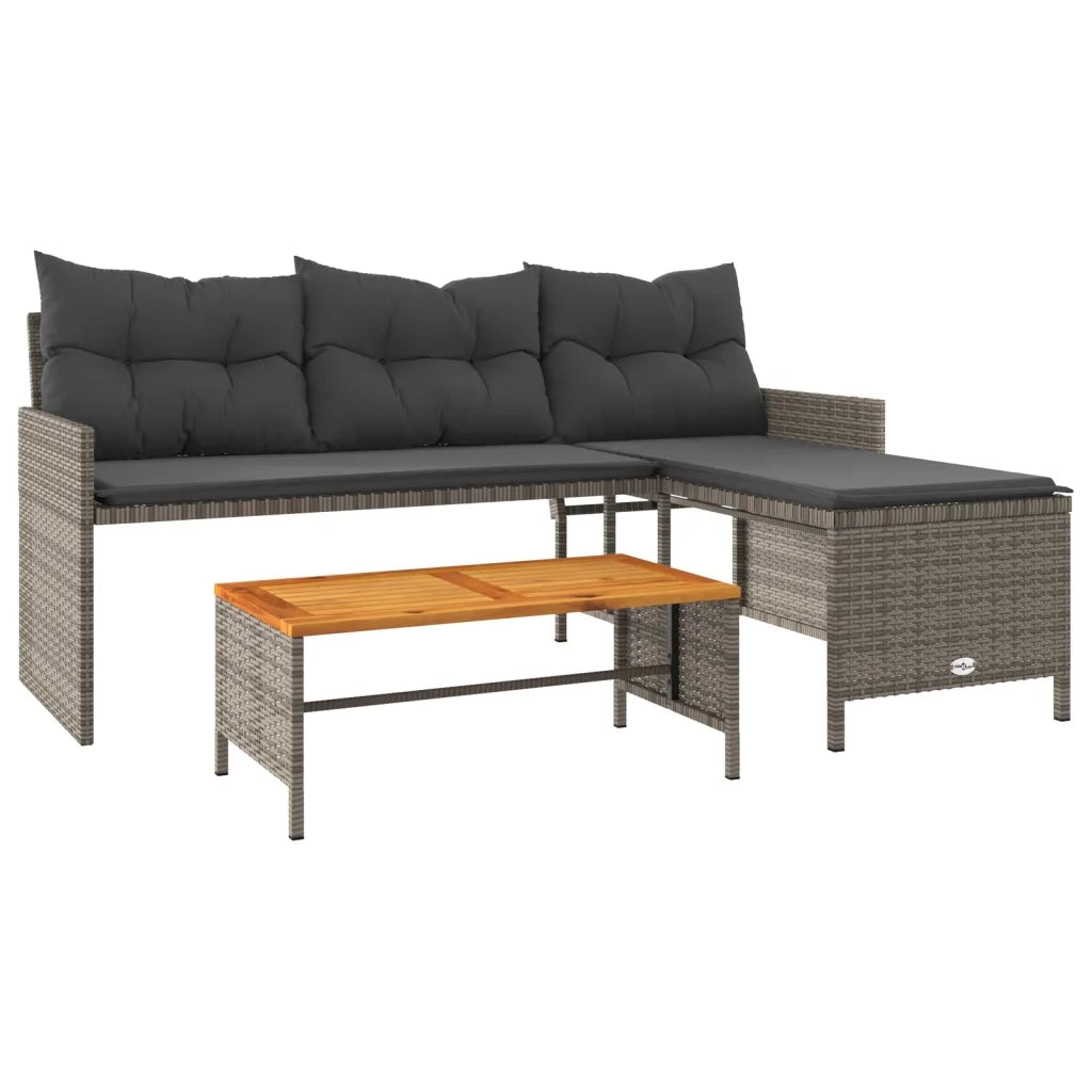 Divano da Giardino con Tavolo e Cuscini a L Grigio Polyrattan 365582