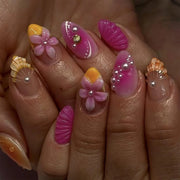 Nagellacchi Amandinelli Corti - 24 Pezzi - 3D Conchiglia/Fiori Motivi - Adesivi per Unghie - Manicure DIY - Inclusa Limetta per Unghie - Unghie Finte