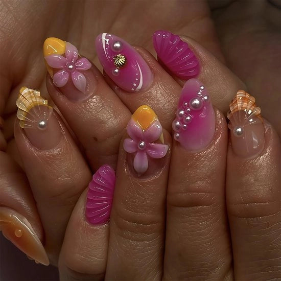 Nagellacchi Amandinelli Corti - 24 Pezzi - 3D Conchiglia/Fiori Motivi - Adesivi per Unghie - Manicure DIY - Inclusa Limetta per Unghie - Unghie Finte