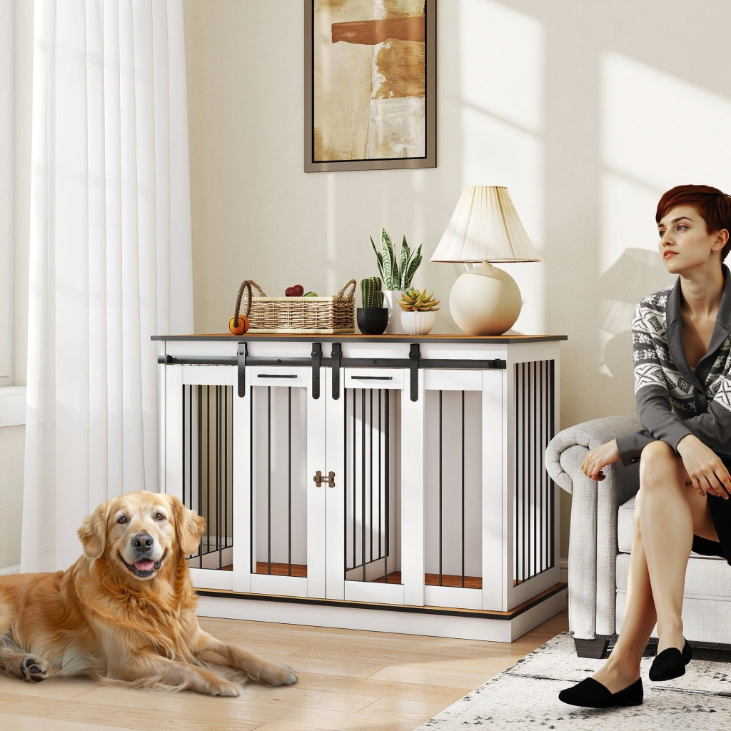 Gabbia per Cani con 2 Porte ¨C Xylo ¨C Design Rustico Bianco con Serratura