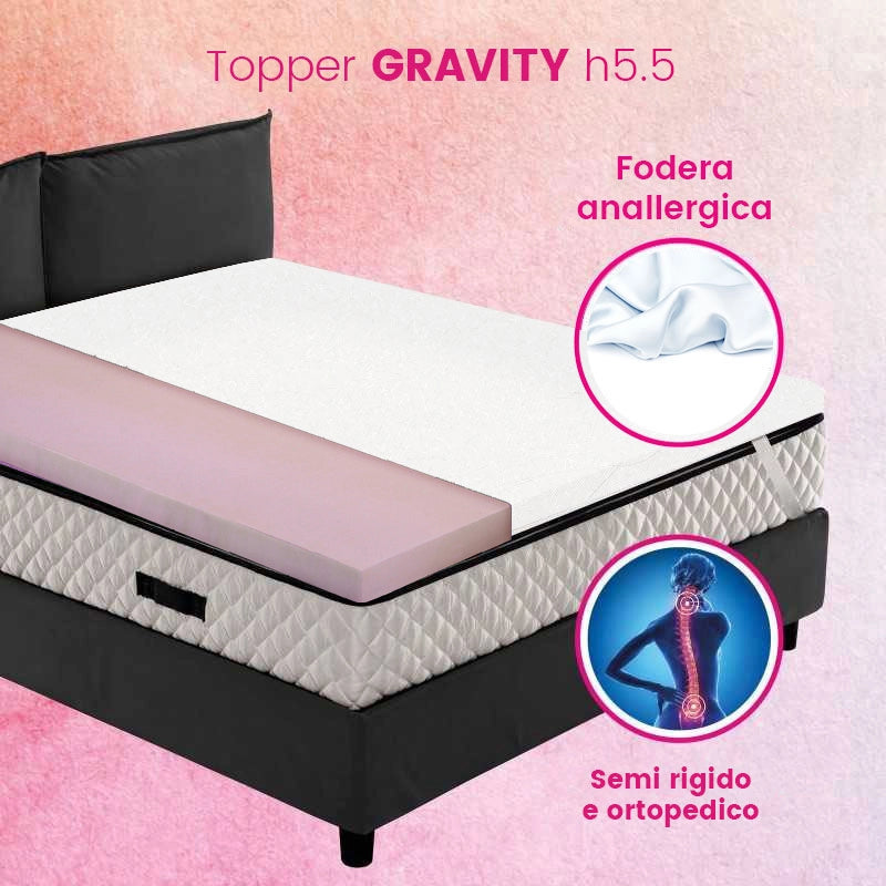 Topper matrimoniale semi rigido ORTOPEDICO, correttore materasso Alto 5.5 cm con tessuto anallergico sfoderabile e lavabile - GRAVITY misura 170x190 Cm