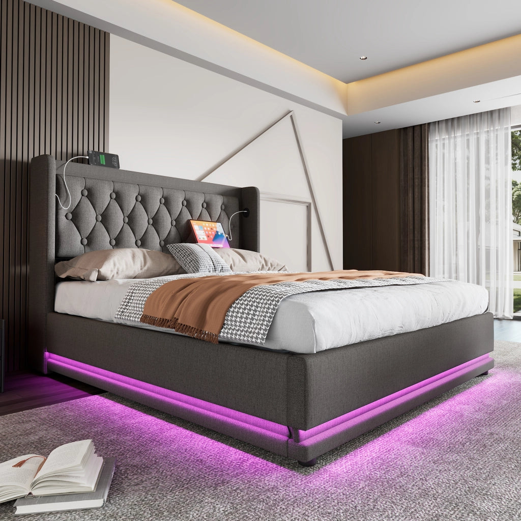 LETTO contenitore 160x200 cm in cotone grigio con LED, USB, Type-C e materasso
