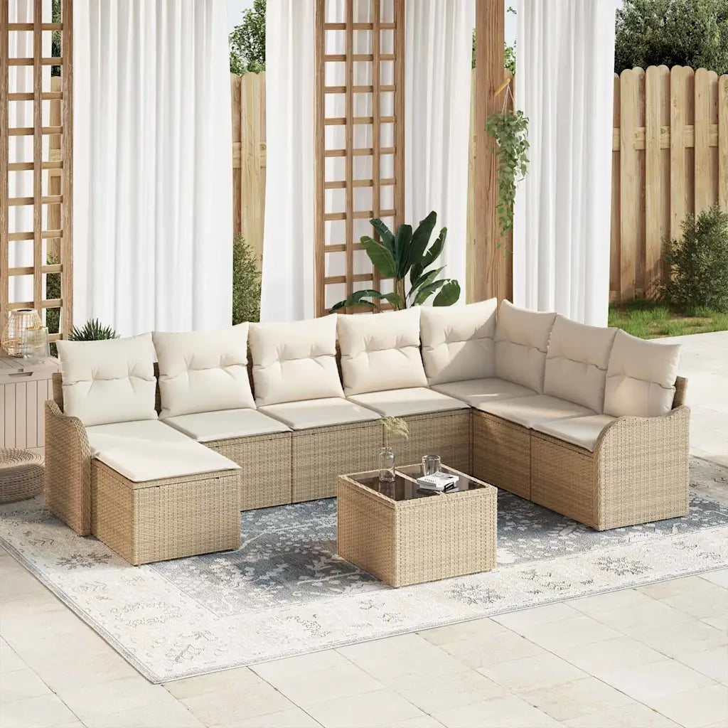 Set Divano da Giardino 9 pcs Beige e bianco Poly Rattan