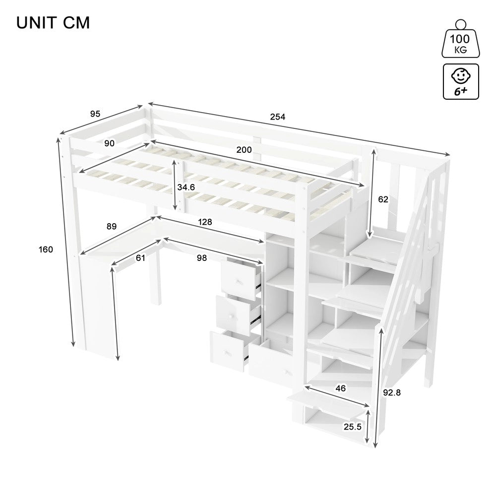 Letto a Soppalco con Scrivania e Cassetti ¨C MINIMAL ¨C Bianco 90x200