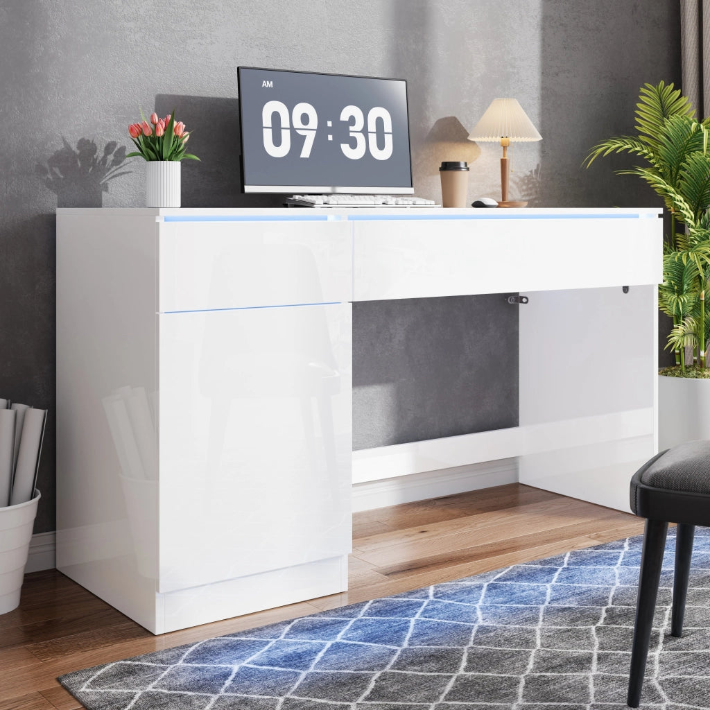 Scrivania lucida con LED, 2 cassetti e 1 vano, per studio e camera da letto, 120 × 50 × 78 cm