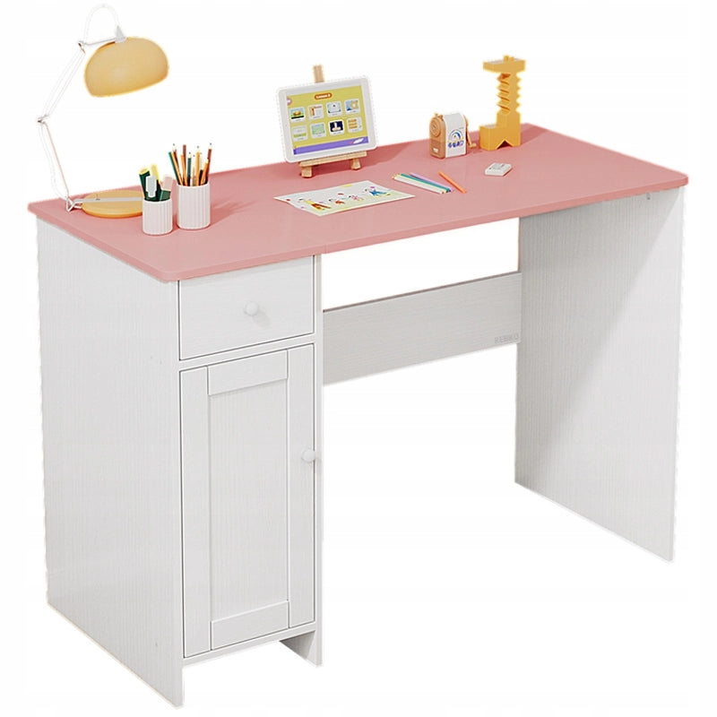 Scrivania bianca con cassetto e armadietto per ragazze con piano in stile loft rosa, 110 cm