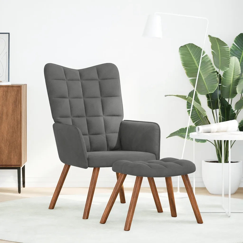 Poltrona Relax | Sedia Relax con Sgabello in Velluto Grigio Scuro