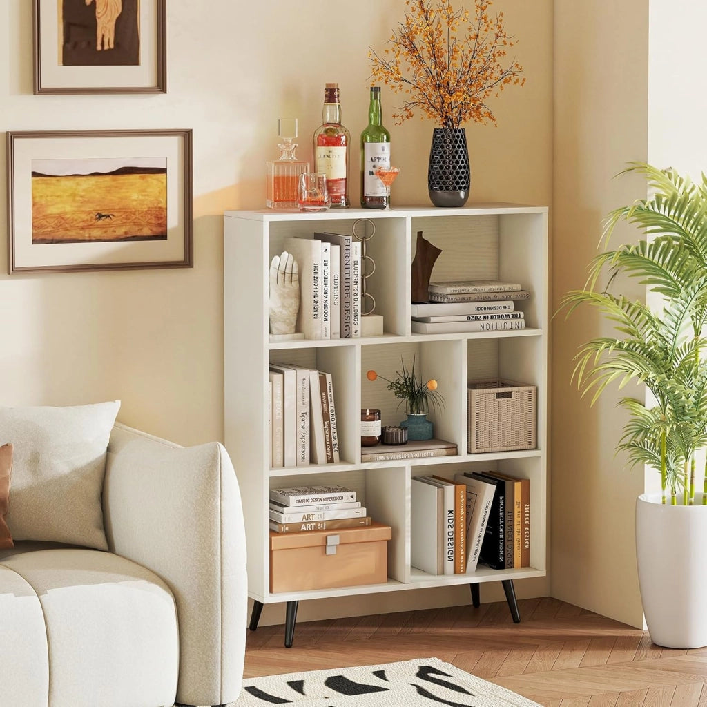 Libreria a 7 Cubi, Organizzatore di Stoccaggio Moderno con 4 Gambe di Metallo, Scaffale per Esposizione con 2 Kit Anti-Ribaltamento per Soggiorno Studio Camera da Letto, Bianco (80x24x107cm)